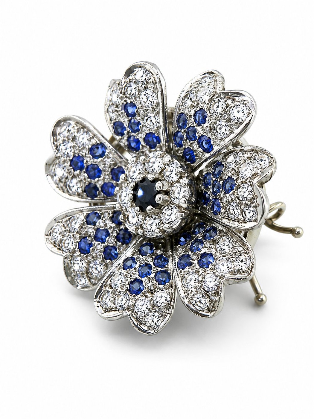 14K White Gold 1.60ct Diamond and 1.15ct Sapphire Flower Brooch