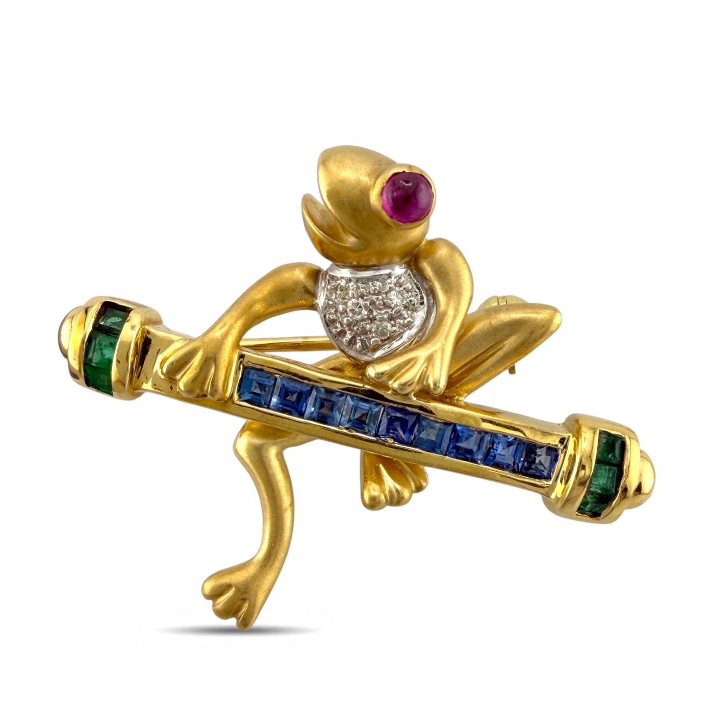 14K Yellow Gold Ruby Sapphire Emerald and 0.02ct Diamond Leaping Frog Brooch