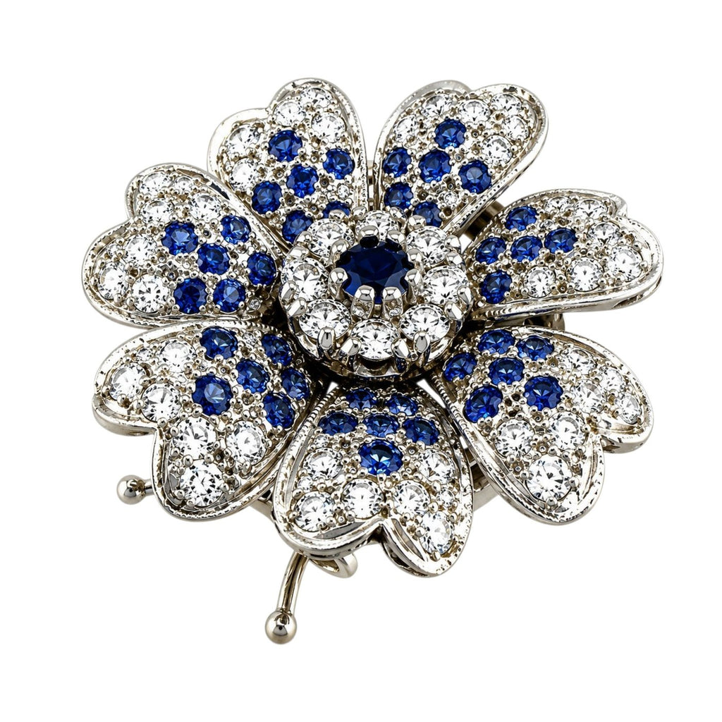 14K White Gold 1.60ct Diamond and 1.15ct Sapphire Flower Brooch