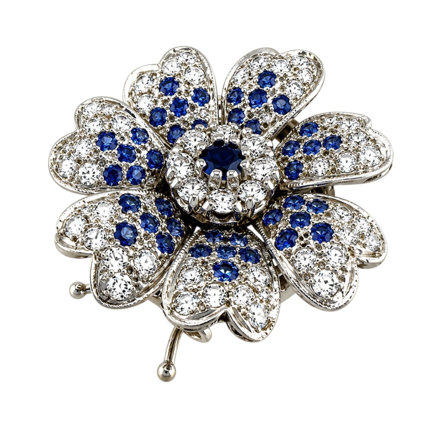 14K White Gold 1.60ct Diamond and 1.15ct Sapphire Flower Brooch