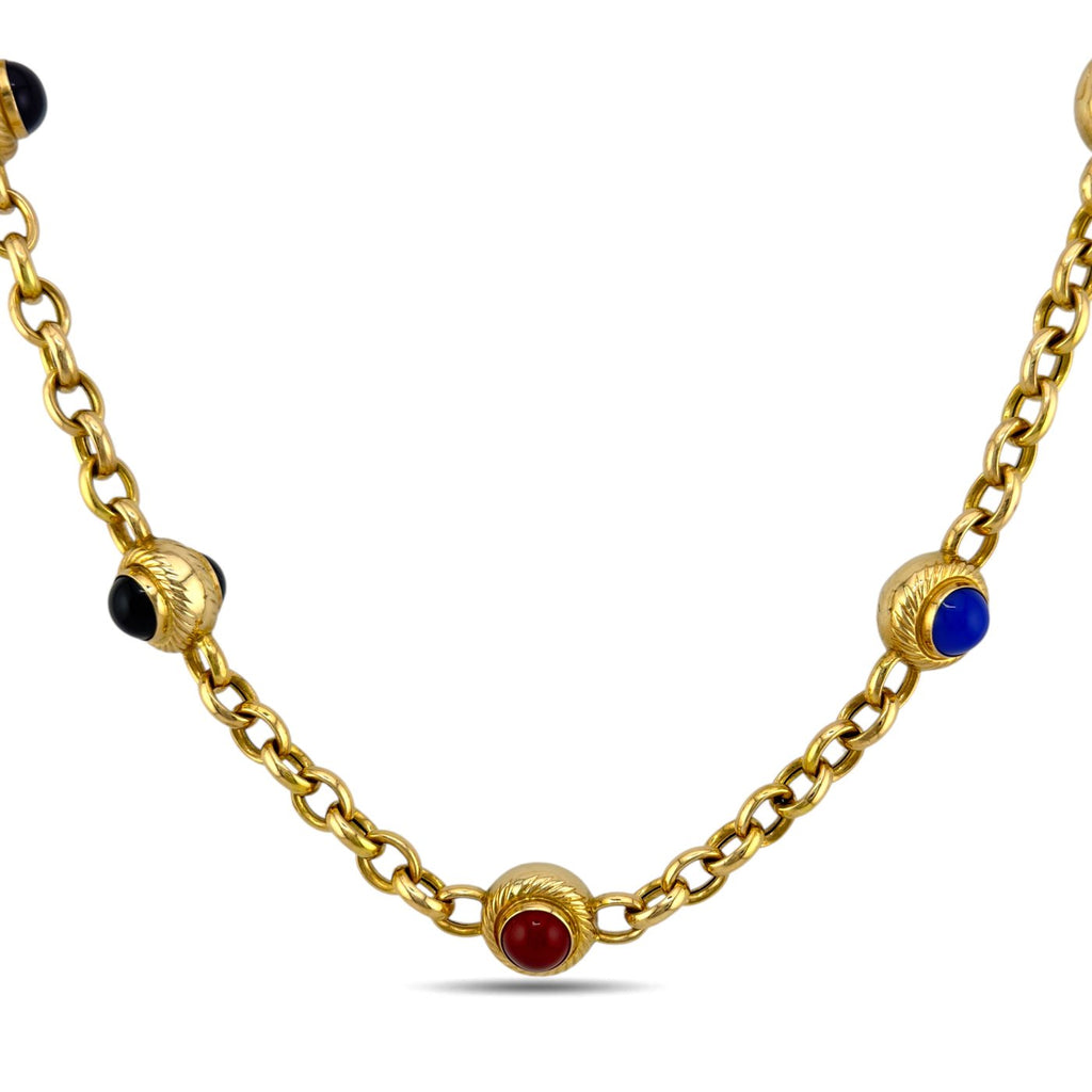 Italian 14K Yellow Gold Multi Gemstone Cabochon Round Necklace