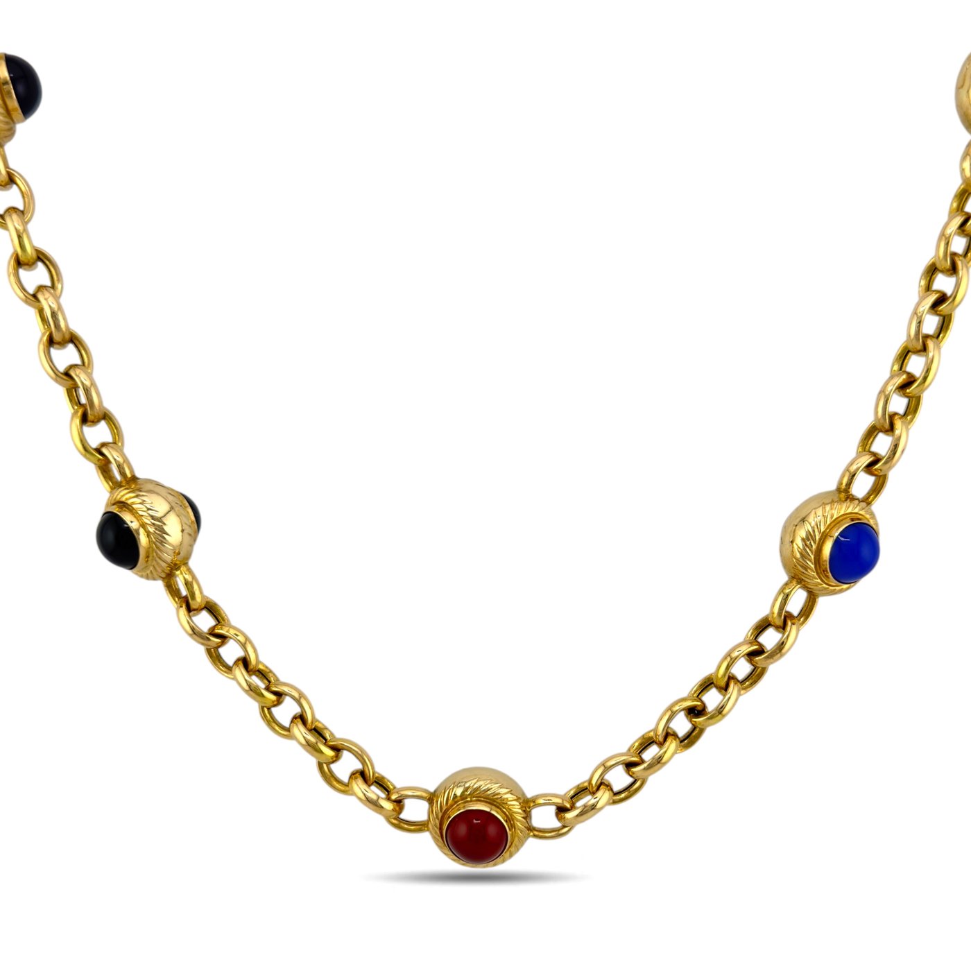 Italian 14K Yellow Gold Multi Gemstone Cabochon Round Necklace
