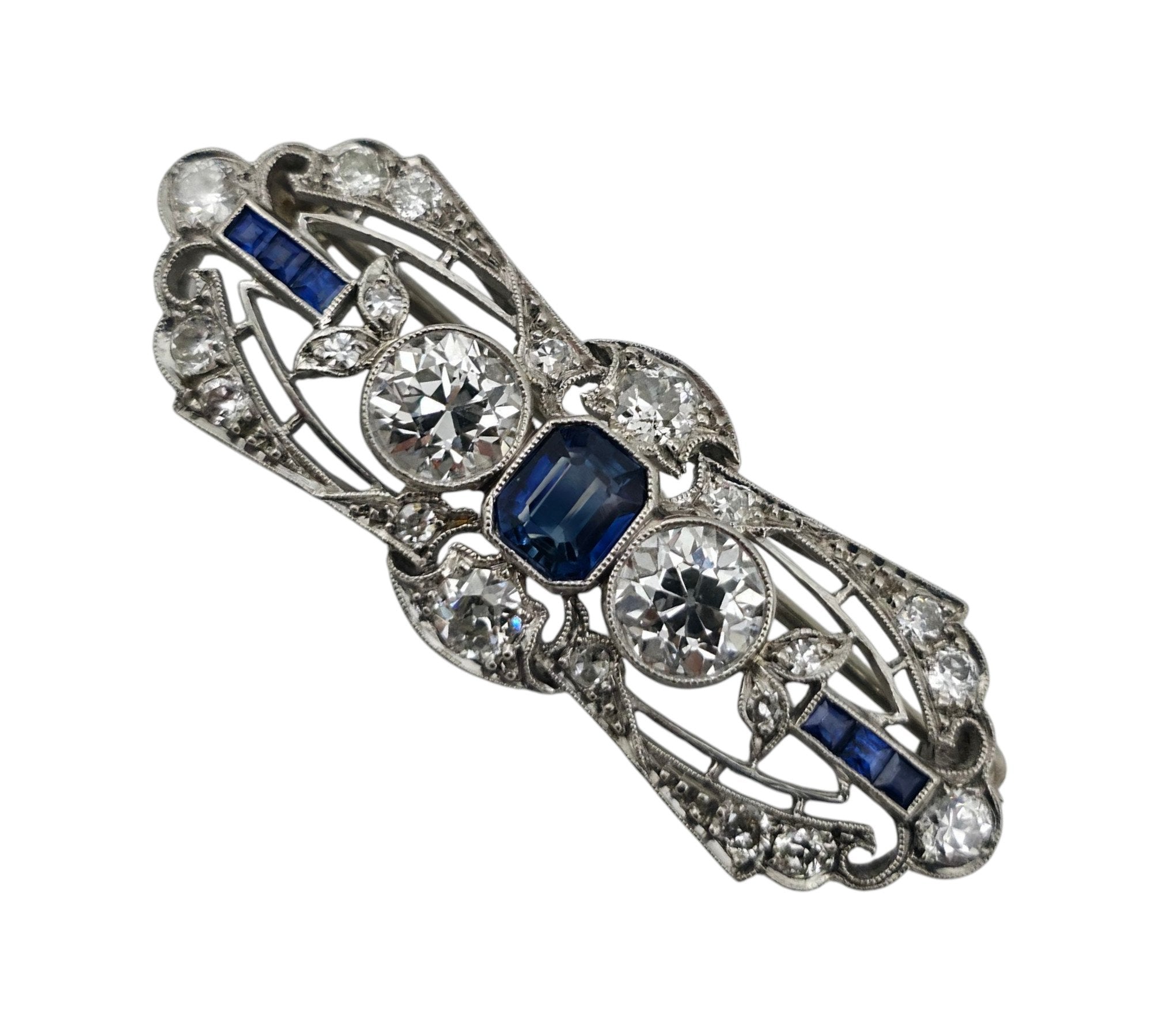 Brooch Platinum, Art Deco Platinum  1.50Ct Diamonds and Sapphire Brooch  Diamond (Natural)