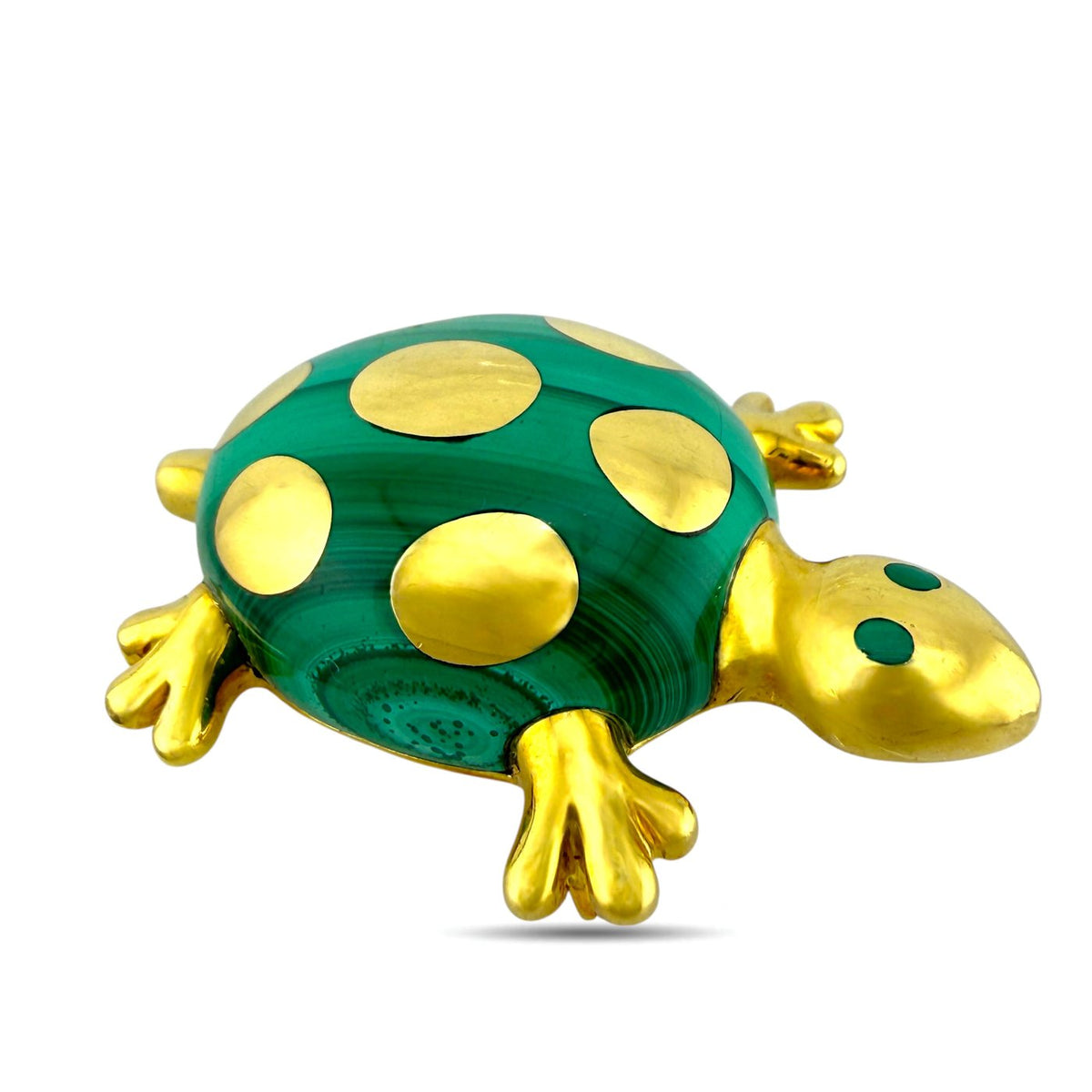 Green malachite turtle brooch with yellow gold spots and protruding feet details