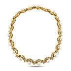 Yellow gold choker necklace with white pearls and diamond accents, full front view