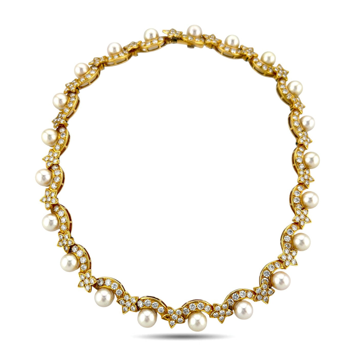 Yellow gold choker necklace with white pearls and diamond accents, full front view