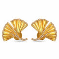 Pair of gold ginkgo leaf earrings with ribbed fans and diamond accents