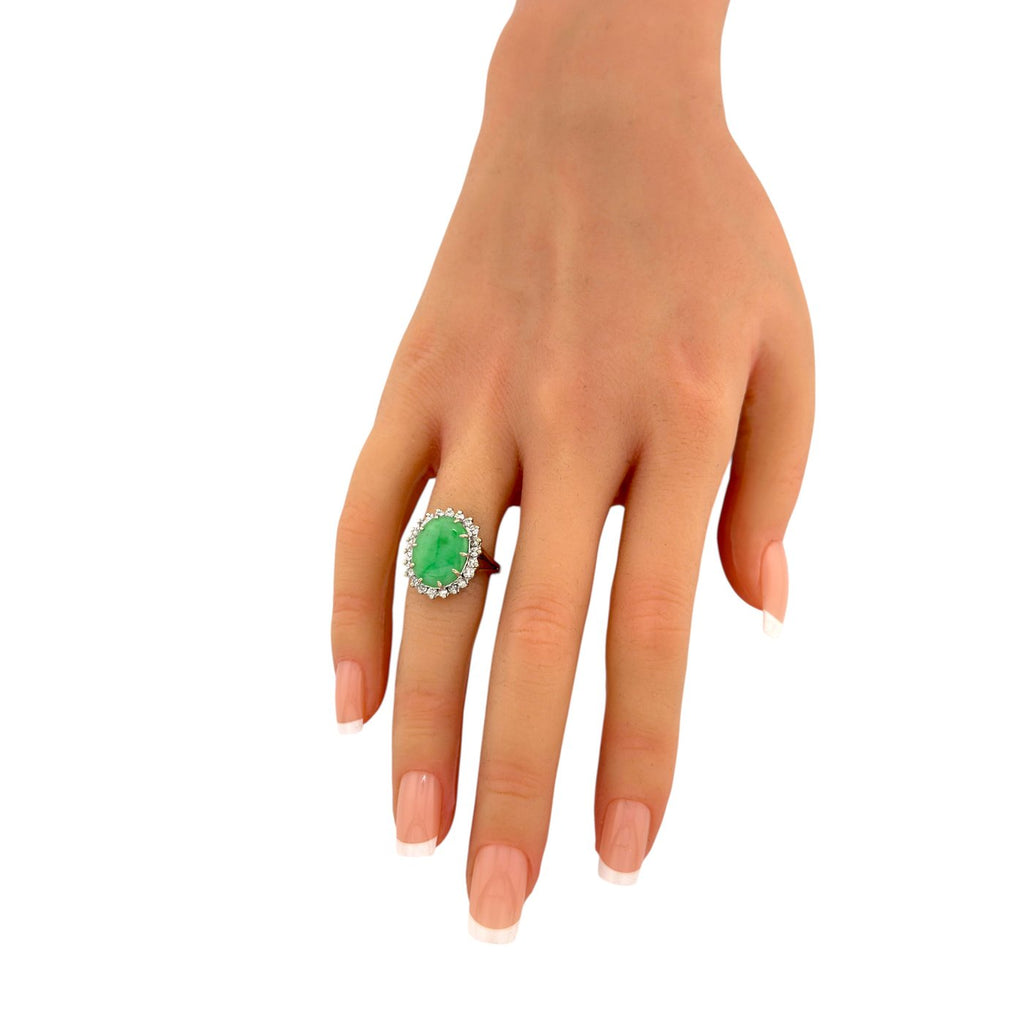 14K Yellow Gold 5.25ct Jade and 0.55ct Diamond Halo Ring