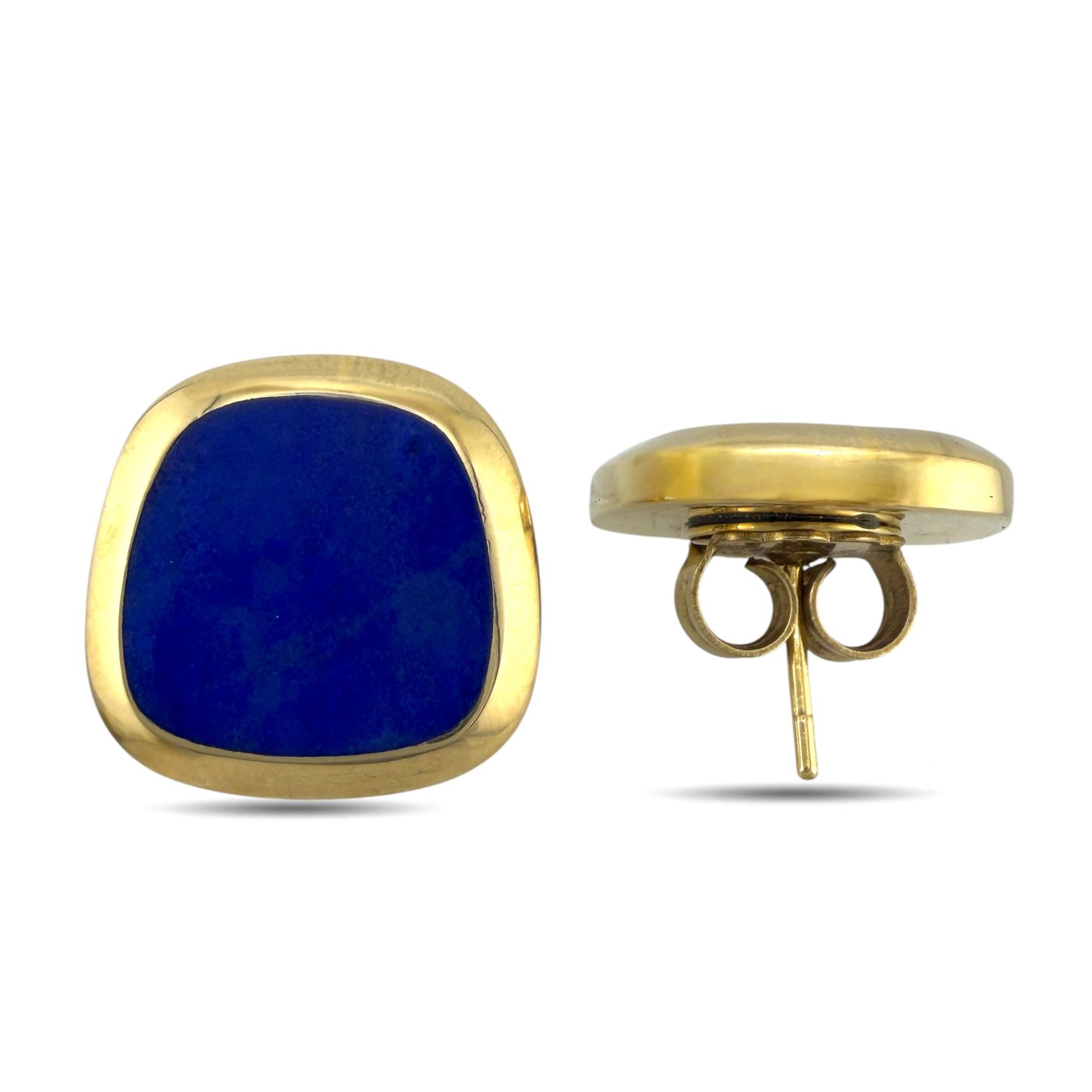 Yellow gold lapis lazuli stud earrings showing post and clasp backing