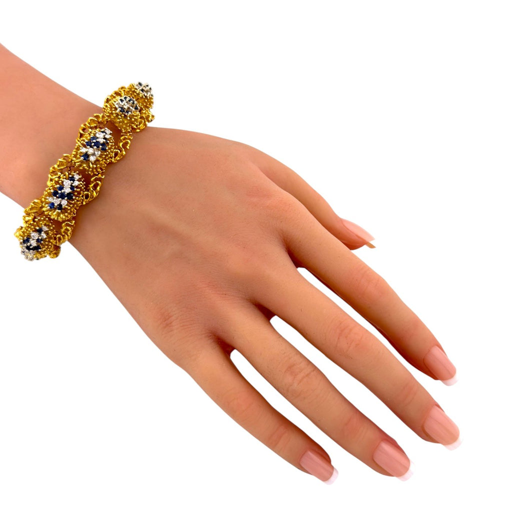 18K Yellow Gold Woven Textured 4.5ct Diamond and 3ct Sapphire Bracelet