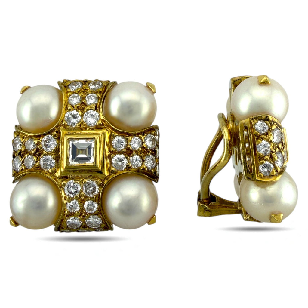 18K Yellow Gold 5.6ct Diamond and Pearl Clip-On Earrings