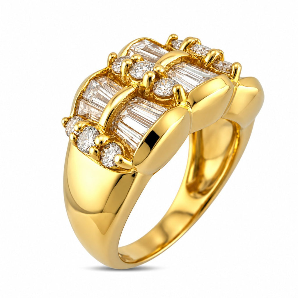 14K yellow gold diamond ring with baguette-cut stones and sparkling round halos