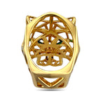 18K yellow gold panther ring, top view with circular lattice and green gemstone