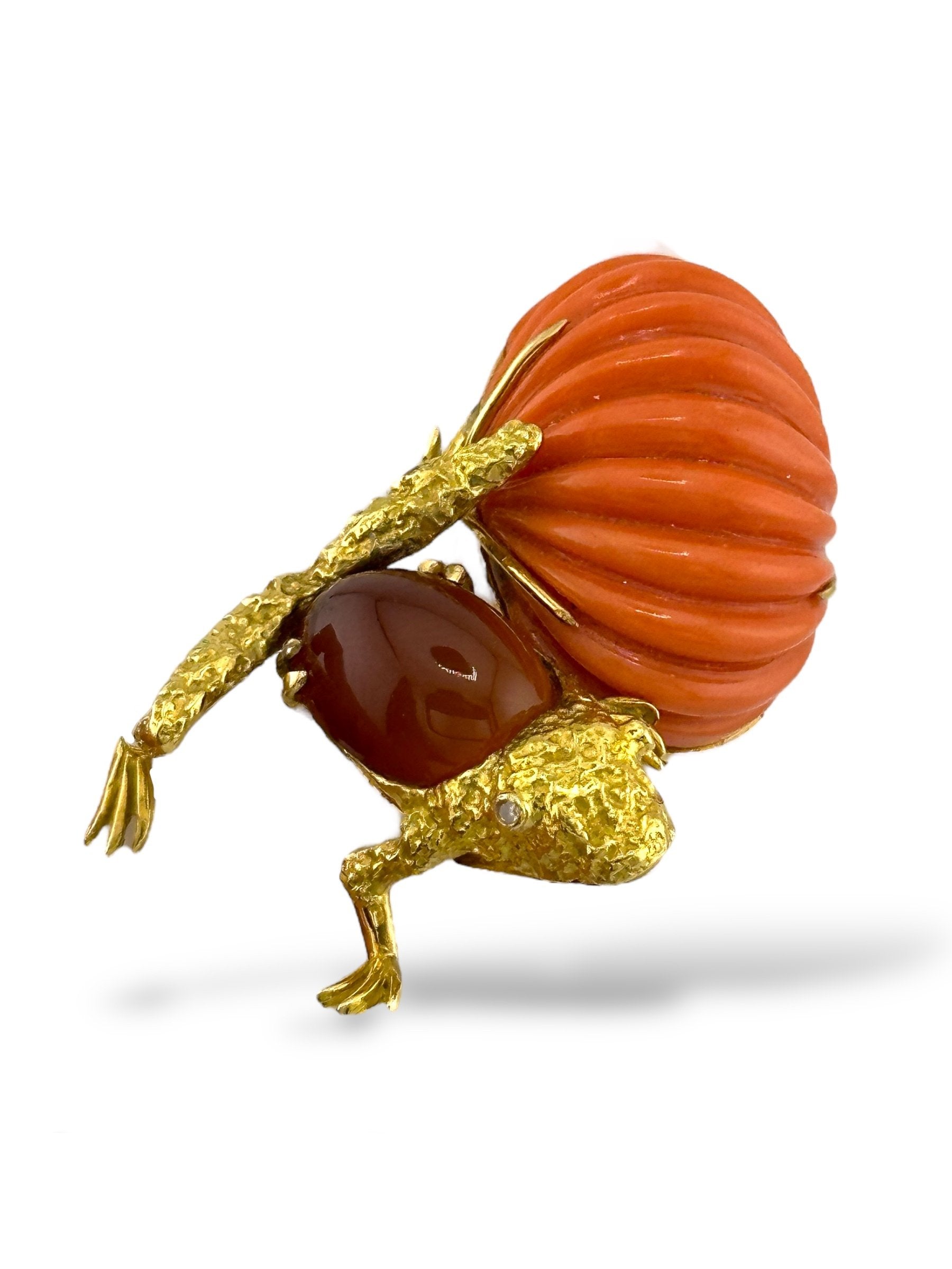 Hammerman Brothers Vintage 18K Yellow Gold Frog Brooch with Large Coral and Burnt Sienna Stone