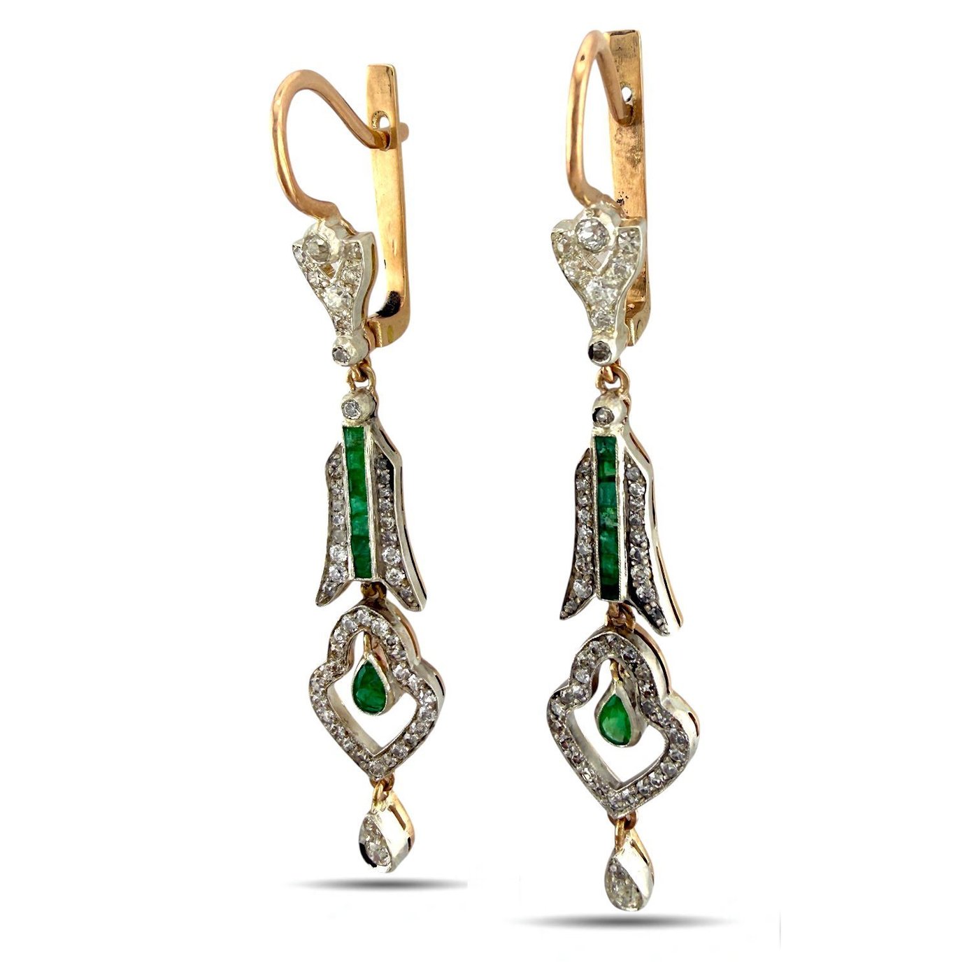 Imperial Russian 14K Rose Gold 1.7ct Diamond and Emerald Earrings