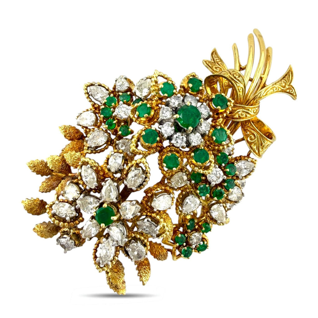18K Yellow Gold 11ct Diamond and 4ct Emerald Wheat and Sunflower Brooch