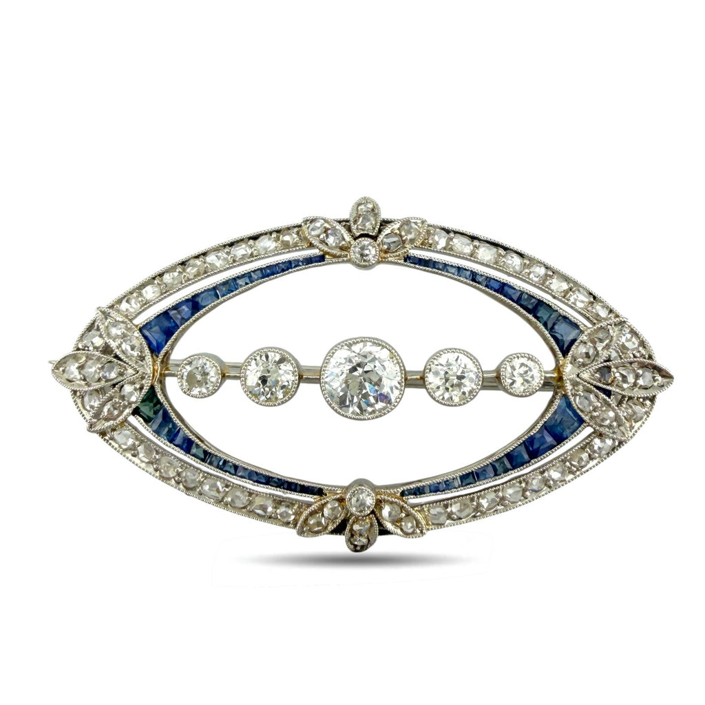 18K White Gold Art Deco 2.05ct Diamond and Sapphire Oval Brooch