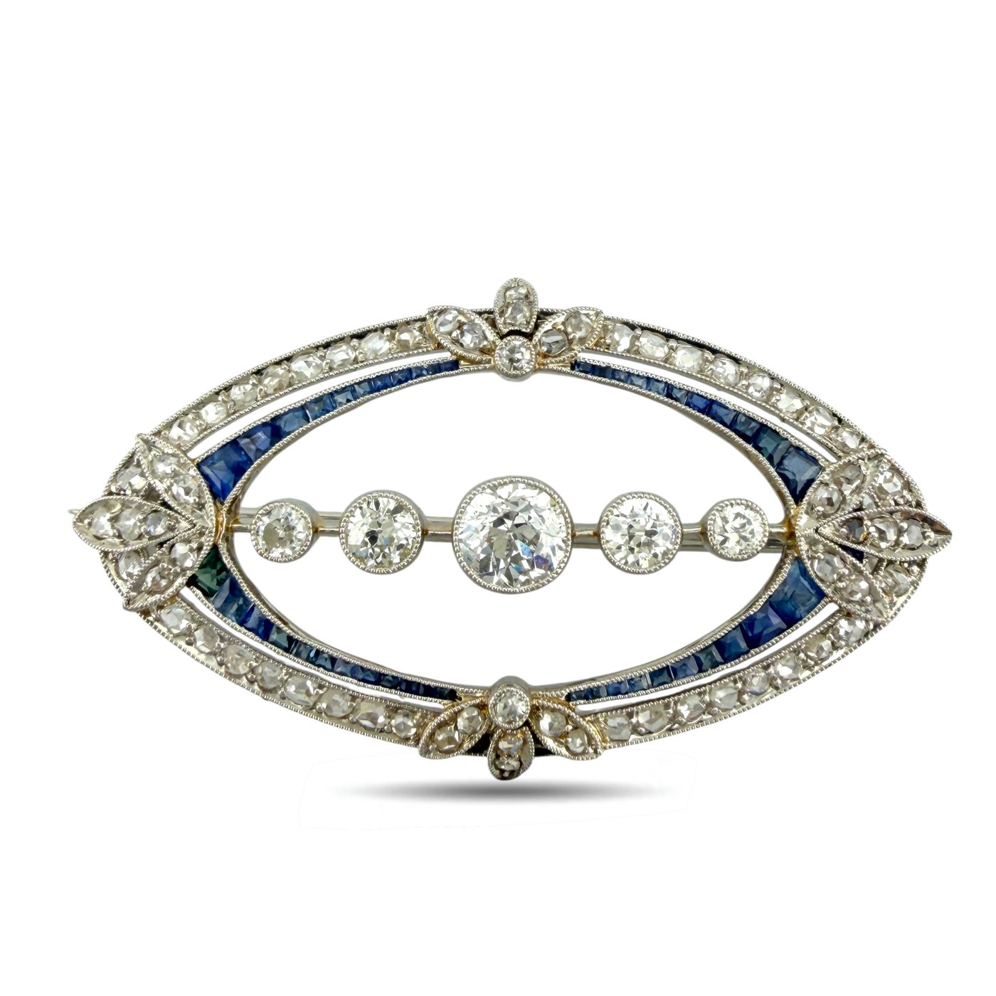 18K White Gold Art Deco 2.05ct Diamond and Sapphire Oval Brooch
