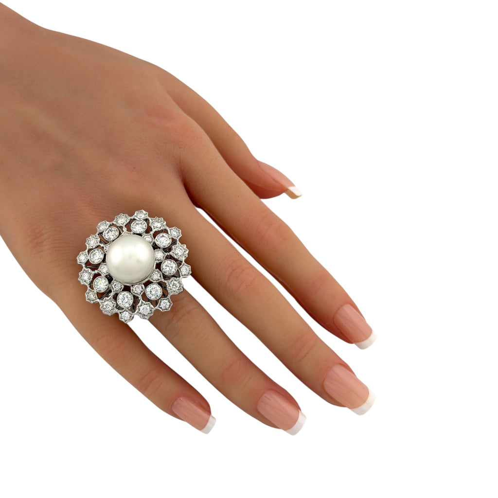 18K White Gold Pearl and 4ct Diamond Circular Cocktail Ring