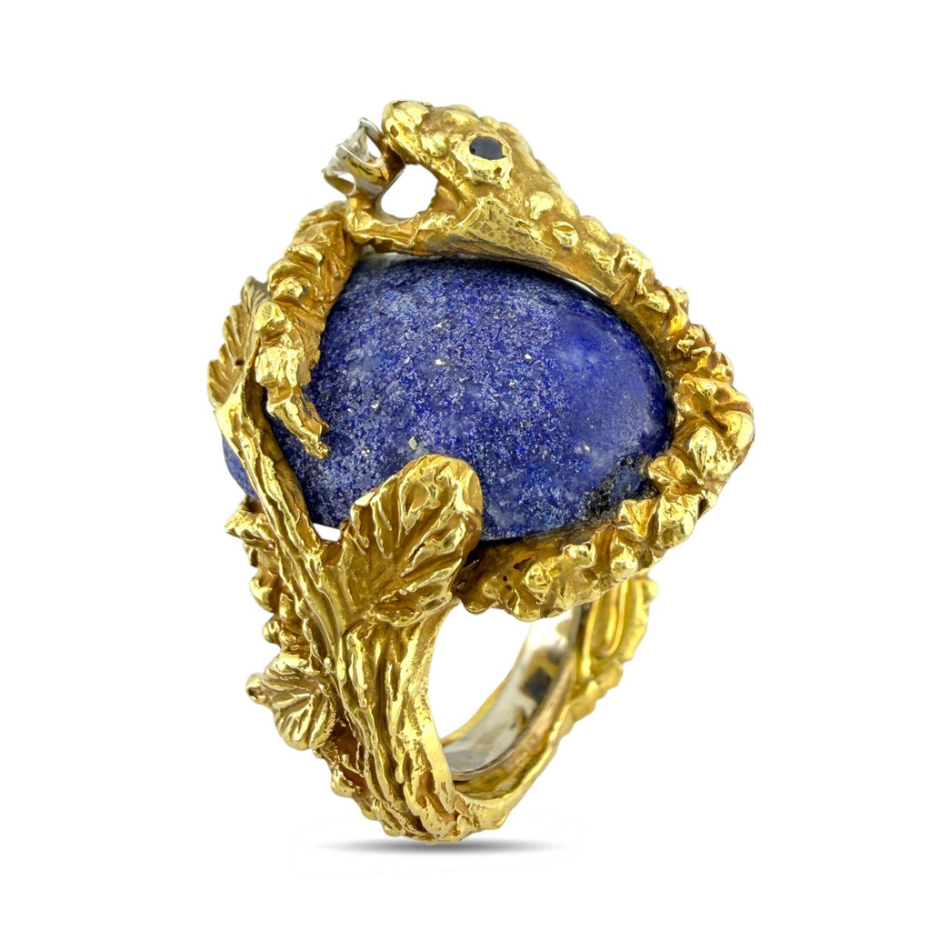 18K Yellow Gold Lapis 0.08ct Diamond and 40ct Sapphire Snake Ring