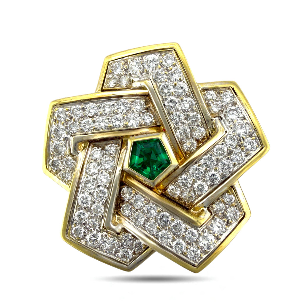18K Yellow Gold Interlocking 7ct Diamond and Emerald Earrings
