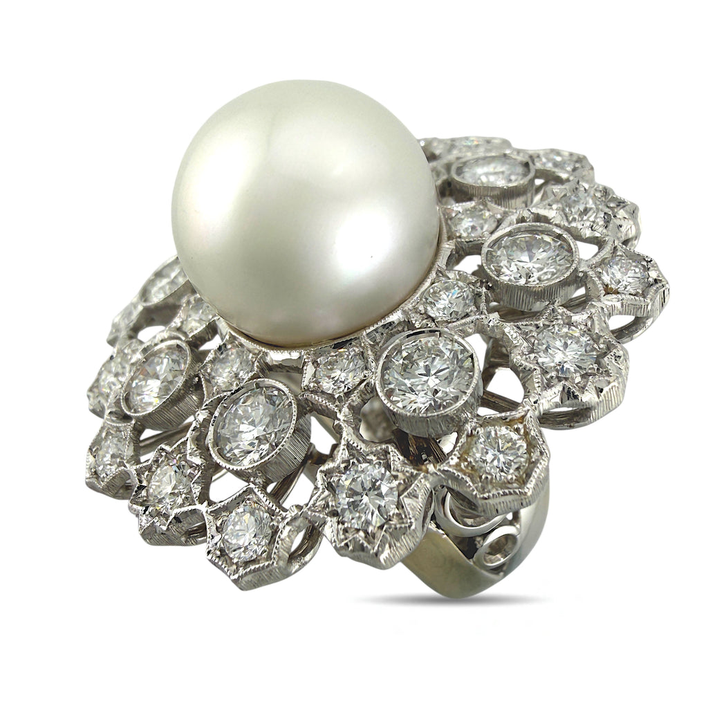 18K White Gold Pearl and 4ct Diamond Circular Cocktail Ring