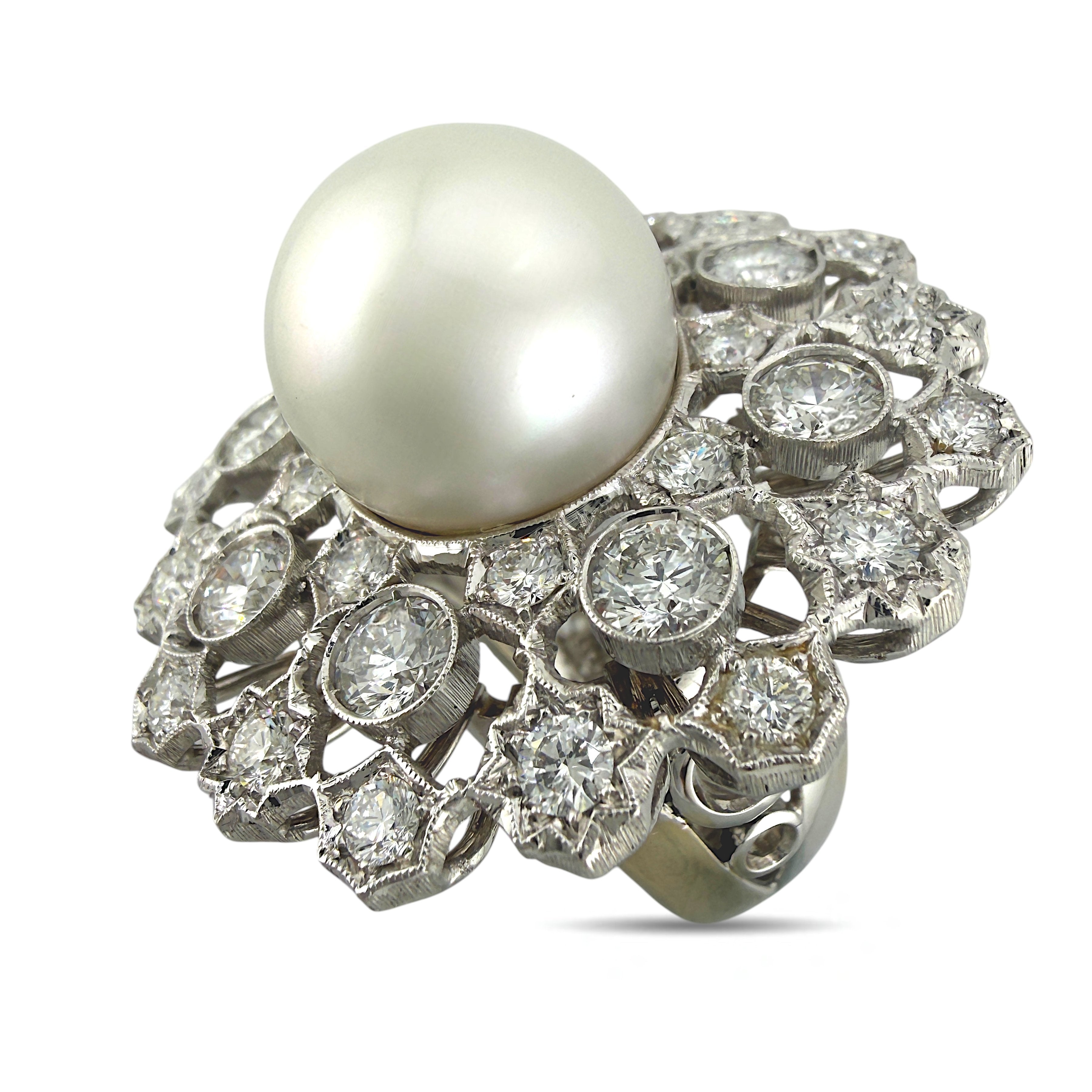 18K White Gold Pearl and 4ct Diamond Circular Cocktail Ring