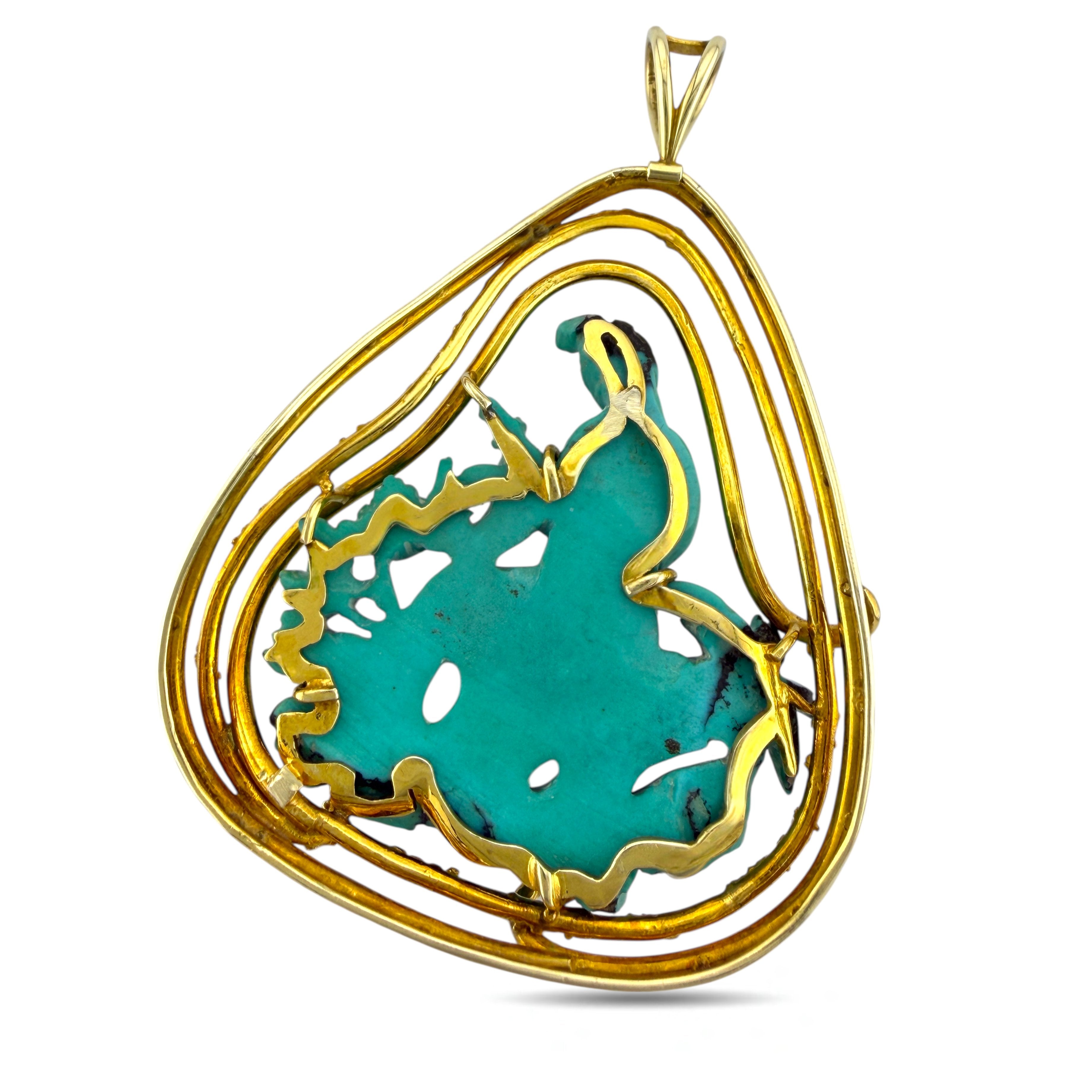 Chinese 14K Yellow Gold Turquoise Carved Asian Woman Pendant