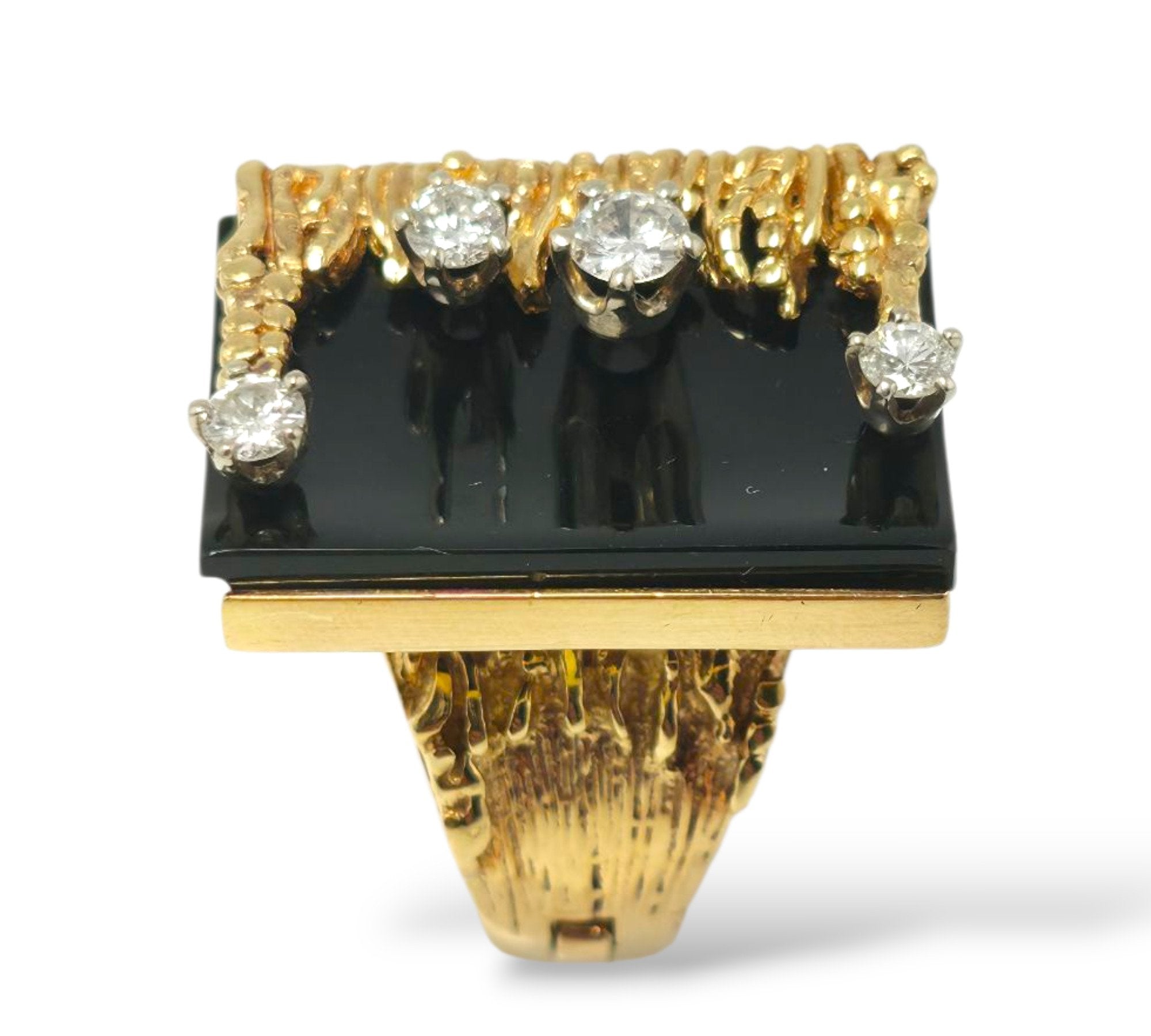 18K Yellow Gold Ring with Diamonds, Black Stone and Pressure-Relief Mechanism