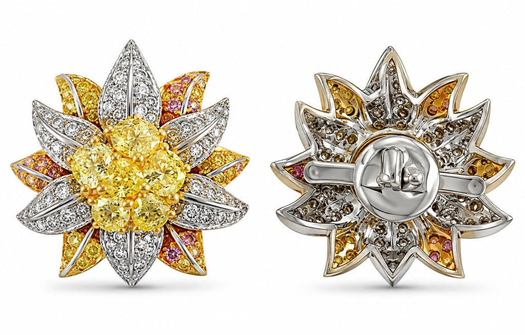 Flower diamond earrings set: front view with yellow center and back view with round clasp