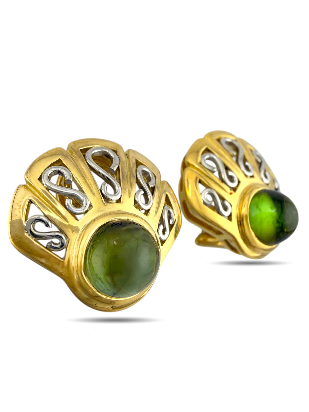 18K Yellow Gold and Platinum Peridot Seashell Earrings