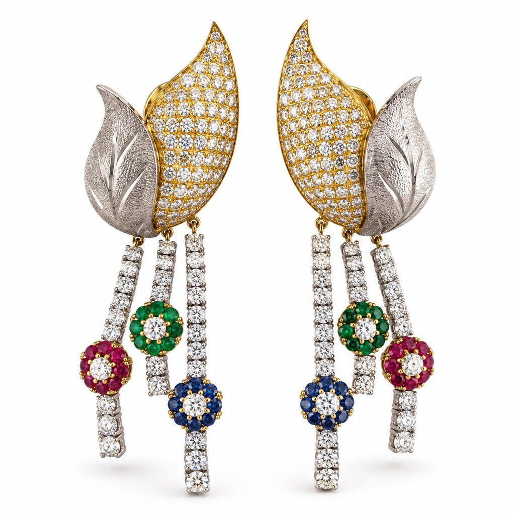 18K yellow gold floral dangle earrings with diamond pavé and sapphire, emerald, ruby drops