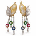 18K yellow gold floral dangle earrings with diamond pavé and sapphire, emerald, ruby drops