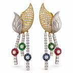 18K yellow gold floral dangle earrings with diamond pavé and sapphire, emerald, ruby drops