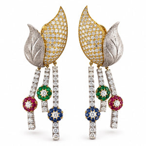 18K Yellow Gold 2.30ct Diamond, Sapphire, Emerald & Ruby Floral Dangle Earrings