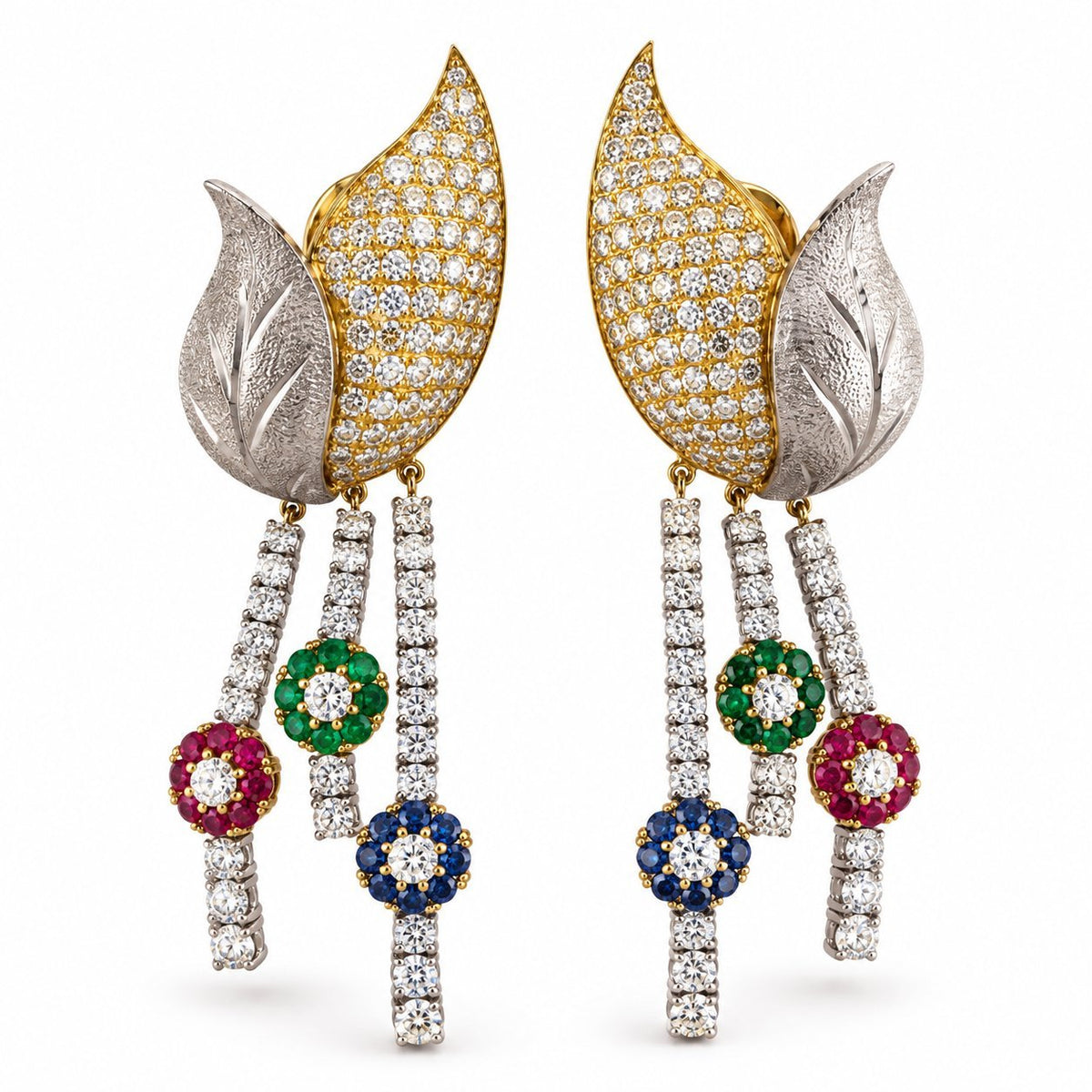 18K yellow gold floral dangle earrings with diamond pavé and sapphire, emerald, ruby drops
