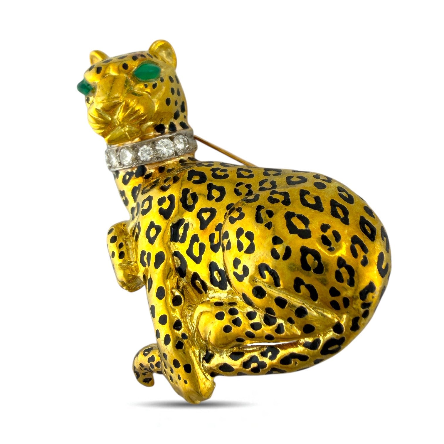 Brooch - 18 kt. Yellow gold, Exclusive Vintage 18K Yellow Gold Leopard 0.54ct Diamond Collar and Emerald Eyes Brooch -  0.54ct. tw. Diamond (Natural)