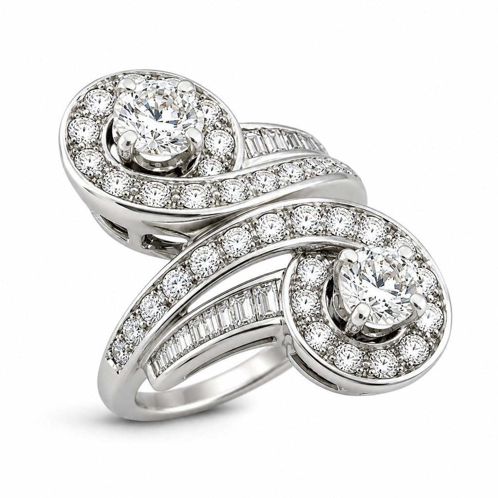 18K white gold diamond ring with two round pavé-set clusters
