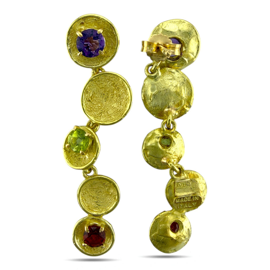 18K Yellow Gold Citrine, Amethyst and Garnet Screw-On Dangle Earrings