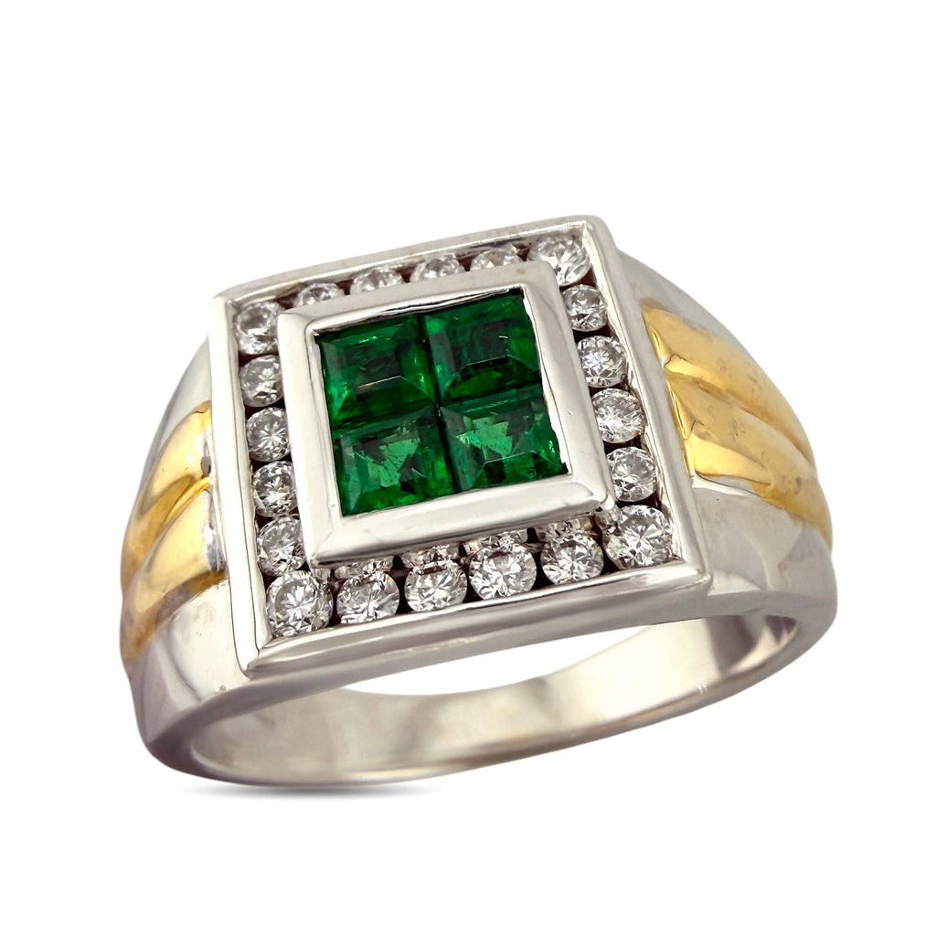 Square emerald and diamond cluster ring with beaded halo on white gold band