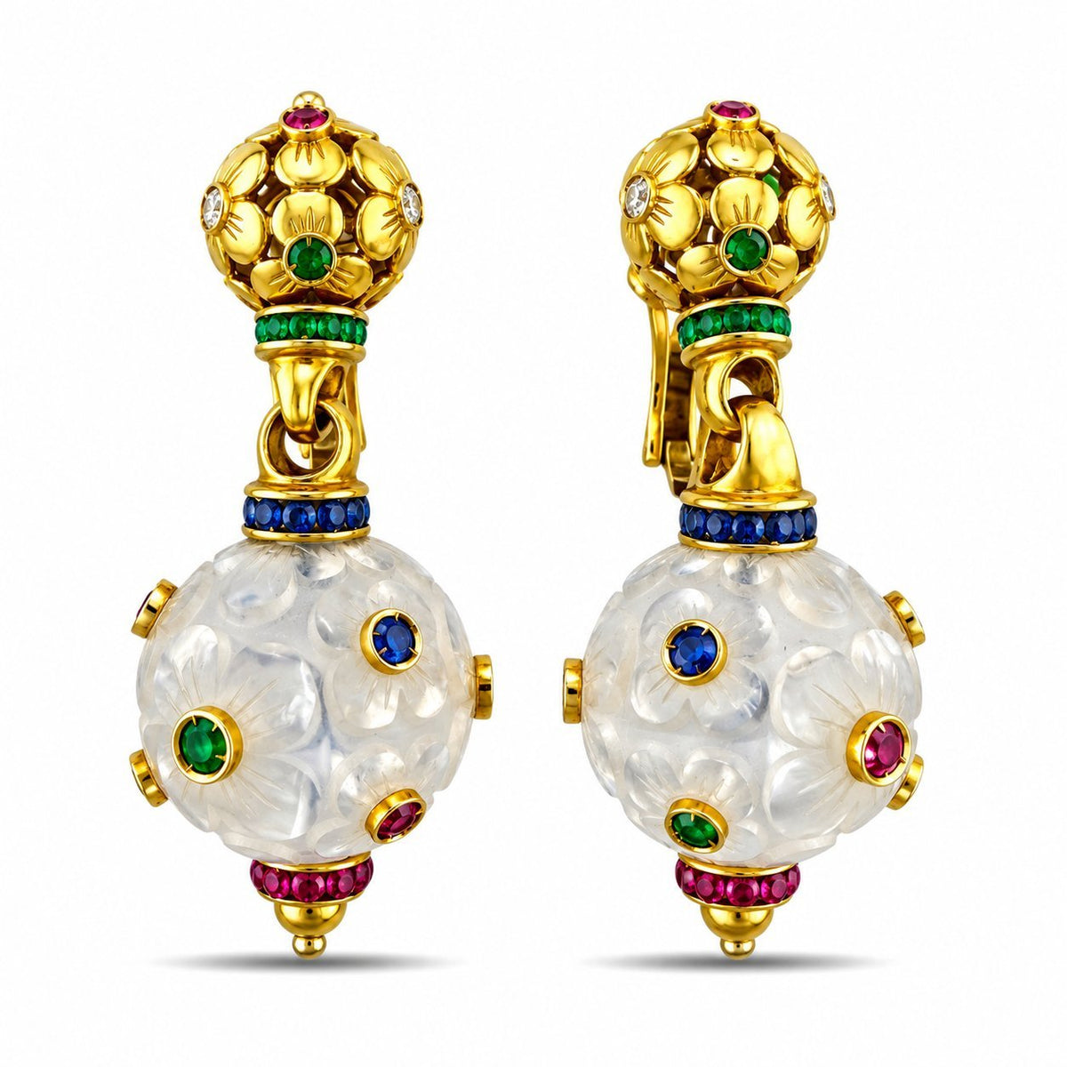 Gold drop earrings with white faceted bead and colorful gemstone accents