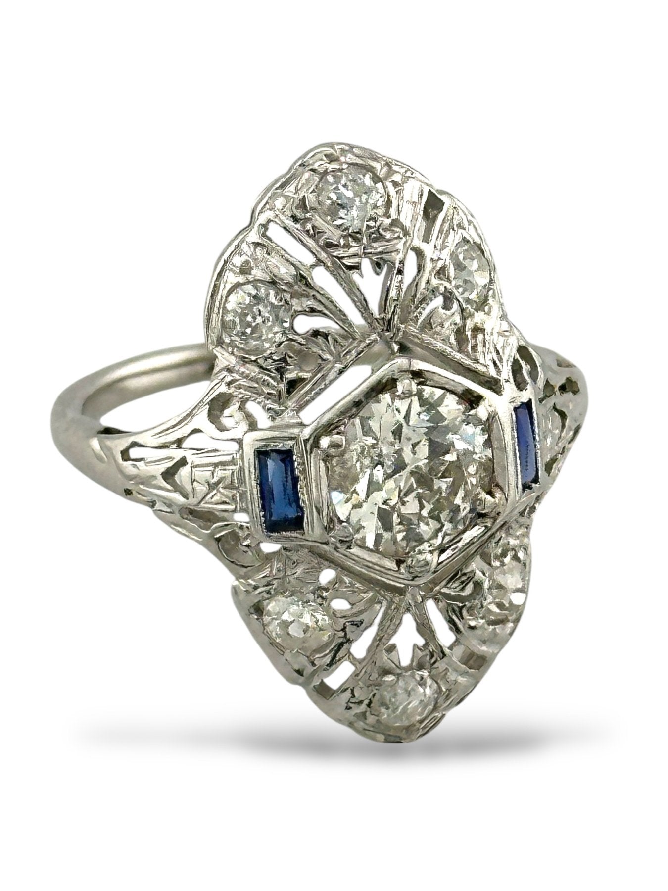 Art Deco 18K White Gold Ring with 0.90 Carat Diamond and Sapphires