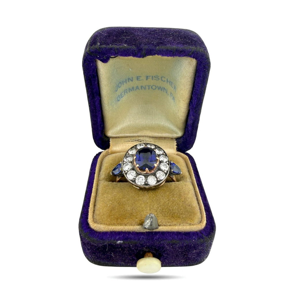 K. Faberge Imperial Russian 56K Rose Gold 1.00ct Diamond and 1.90ct Sapphire Ring