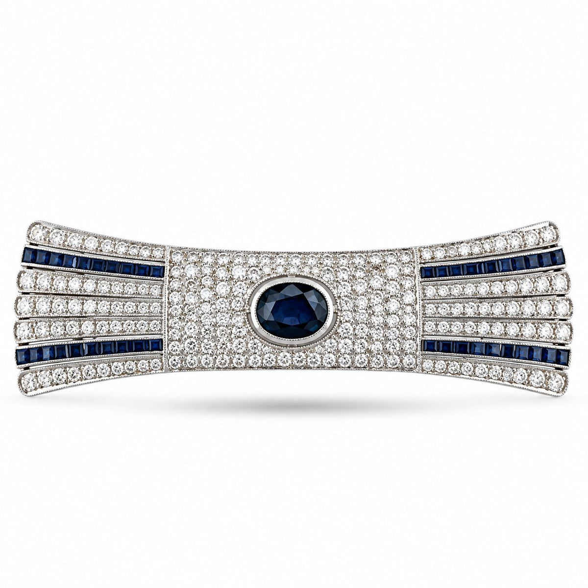 Art deco diamond and sapphire bar brooch with oval blue center stone and blue striped accents