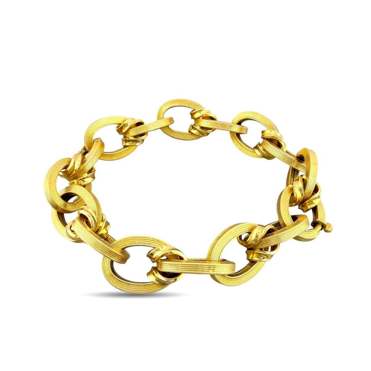18K yellow gold textured oval link bracelet, round-oval links with raised texture
