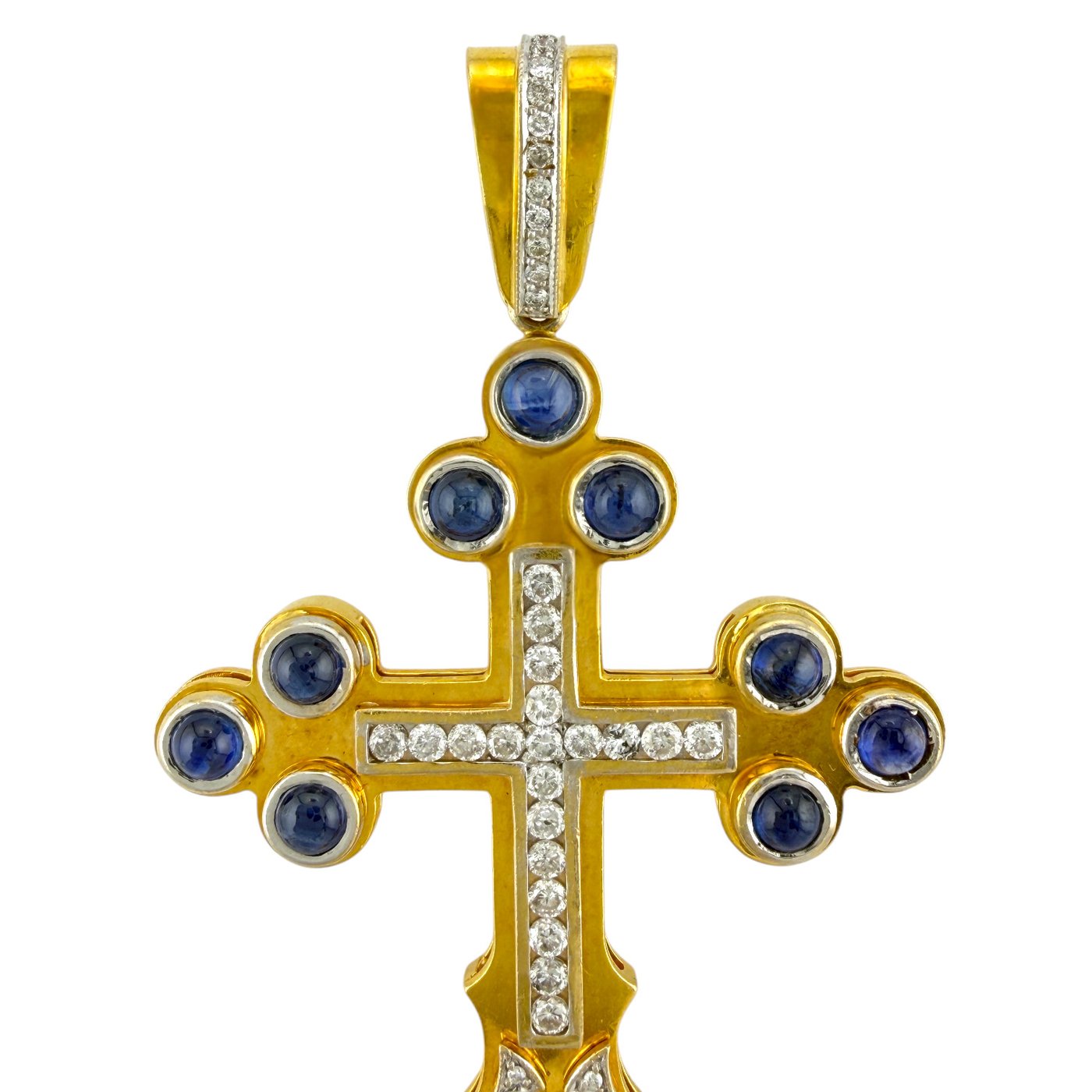 Gold cross pendant with blue round stones and central diamond line, front view