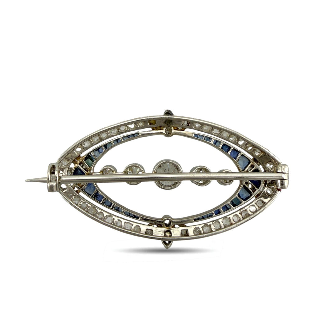 18K White Gold Art Deco 2.05ct Diamond and Sapphire Oval Brooch