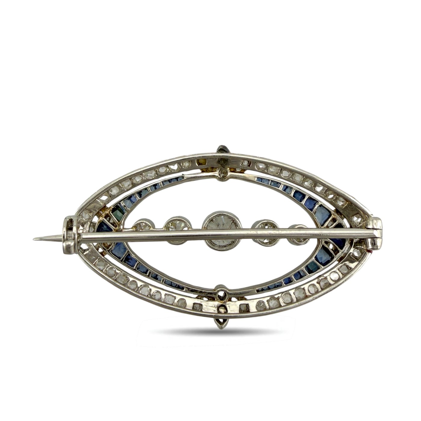 18K White Gold Art Deco 2.05ct Diamond and Sapphire Oval Brooch