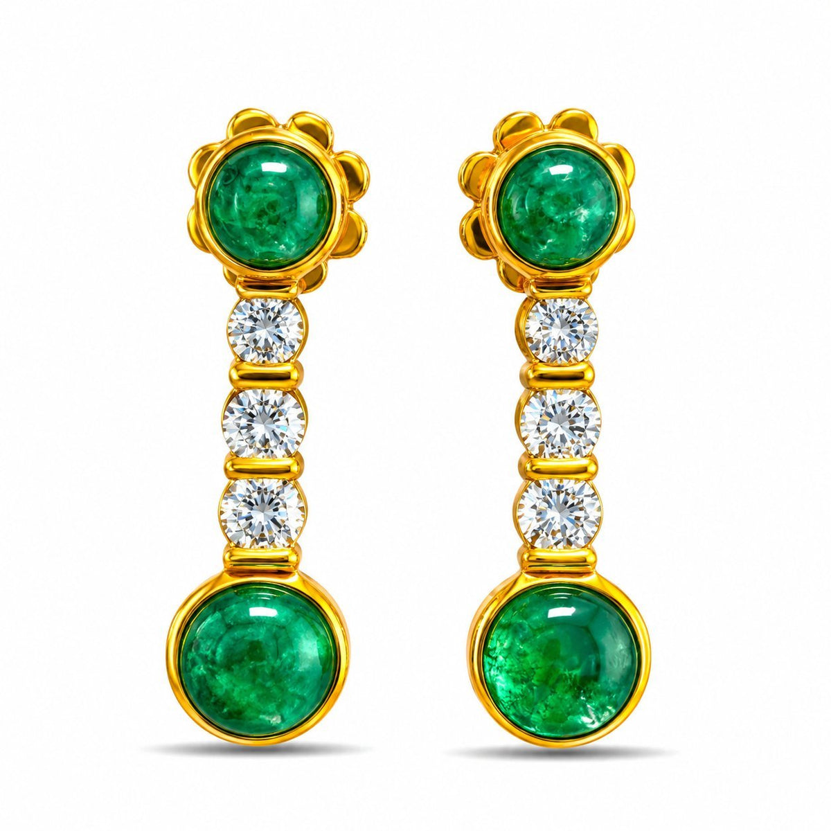 Long drop earrings with round green cabochons, diamonds, and yellow gold settings