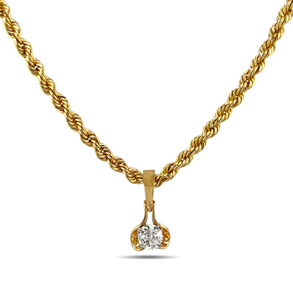 14K yellow gold rope necklace with teardrop diamond pendant